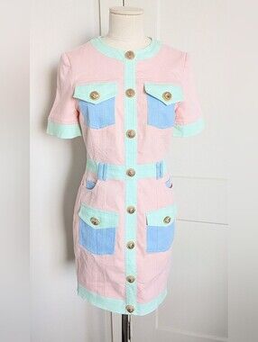 Pastel Color Black Tweed Denim Style Mini Dress Gold Lion Buttons S